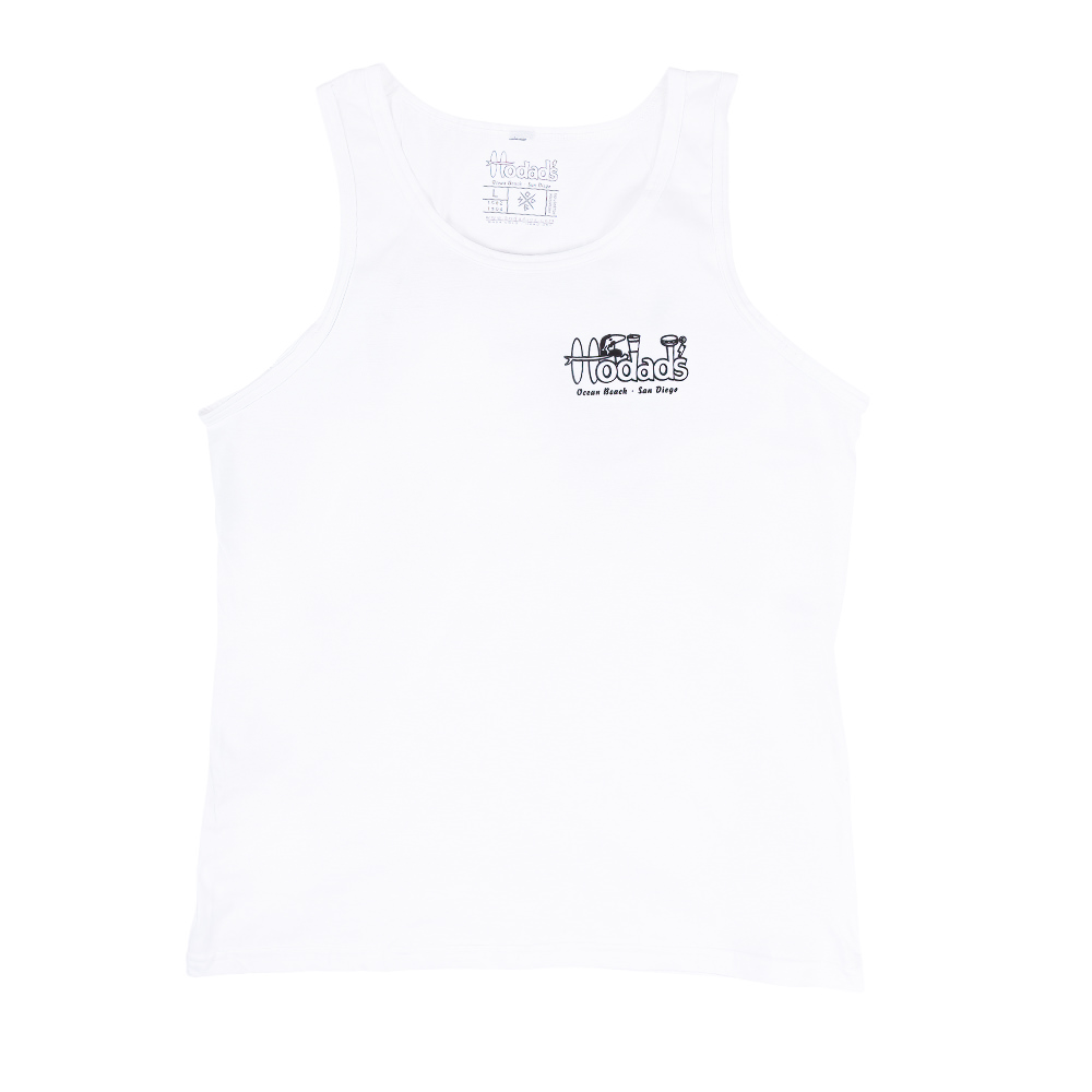 White tank with Hodad's Logo and LOCAL tagline front view